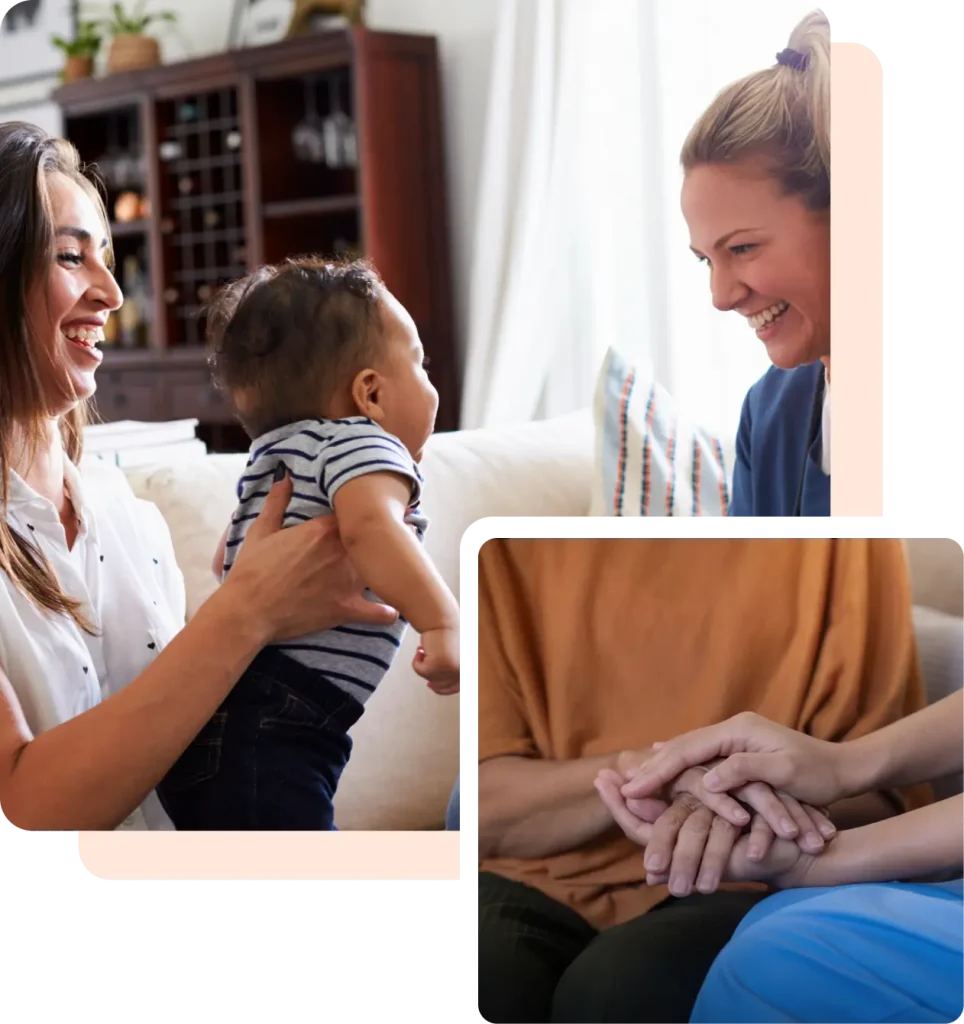 Two women sit on a couch, one holding a baby. Inset image shows close-up of two pairs of hands gently holding each other.