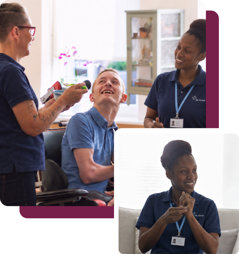 Two caregivers in blue uniforms interact with a smiling man in a wheelchair. Inset image shows one caregiver smiling and gesturing, wearing an ID badge.