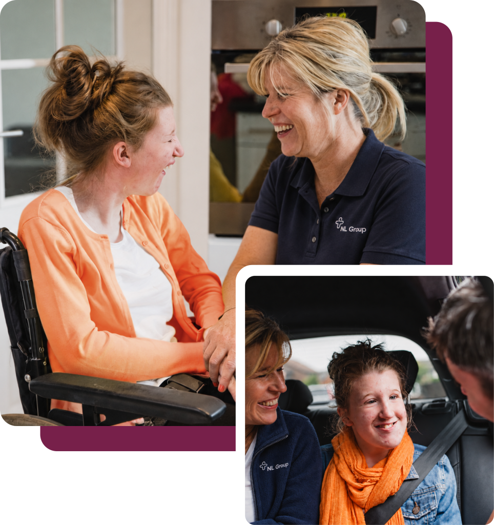 Two women, one in a wheelchair, smiling and talking indoors; in a second image, they sit together in a car, both appearing happy.