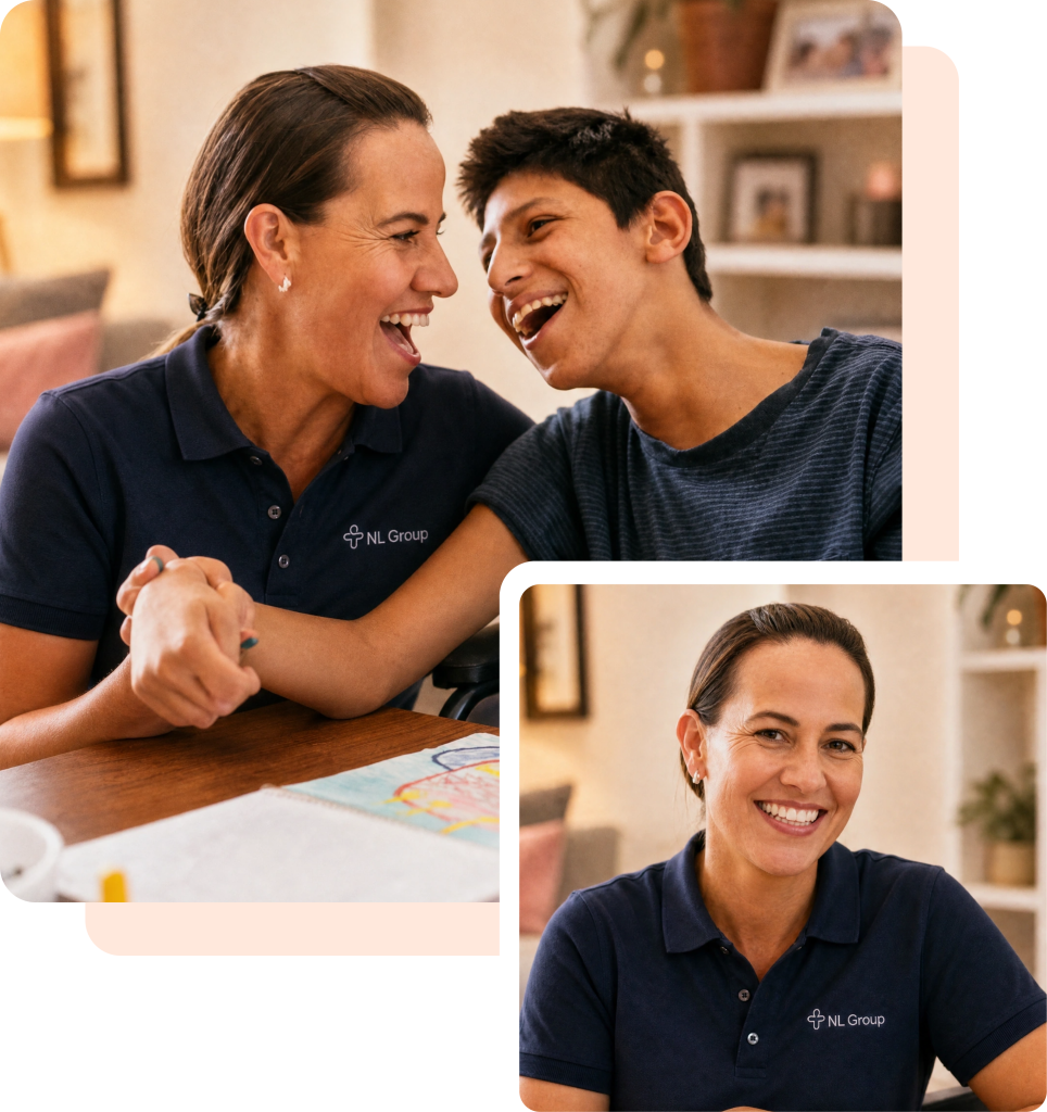 A woman in an NL Group shirt smiles and holds hands with a boy in a wheelchair. Inset: the woman smiles at the camera in a home setting.