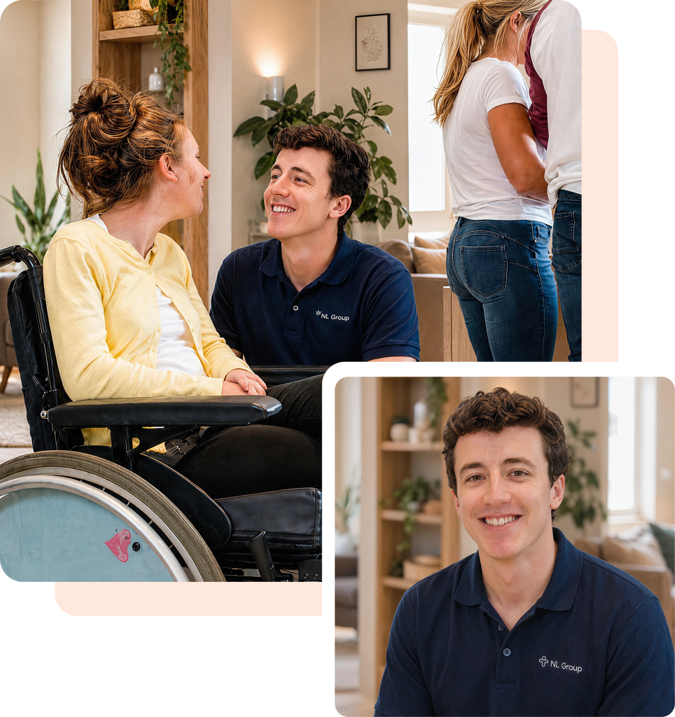 A woman in a wheelchair talks to a smiling man in a blue polo shirt; a second image shows the man alone, smiling at the camera.