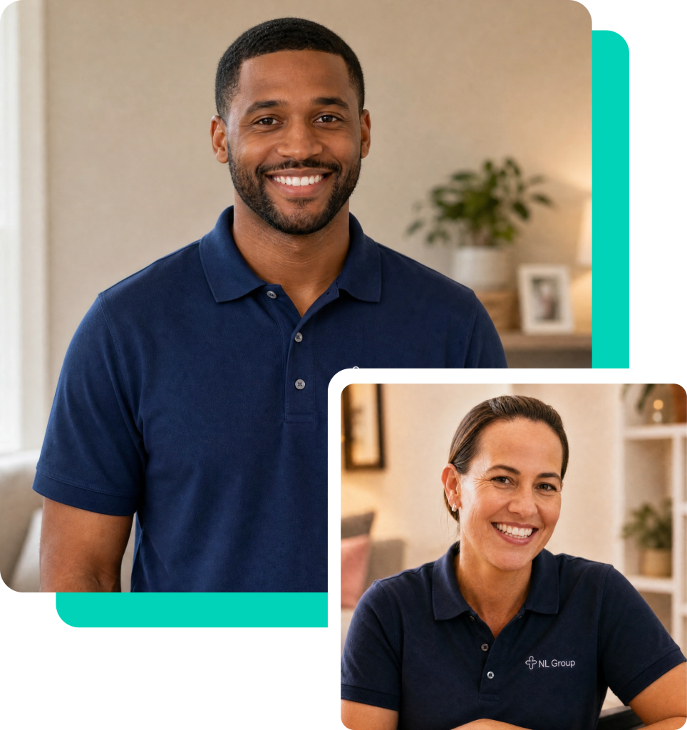 Two people wearing navy blue shirts smile at the camera in separate indoor settings. The woman’s shirt has an NL Group logo.