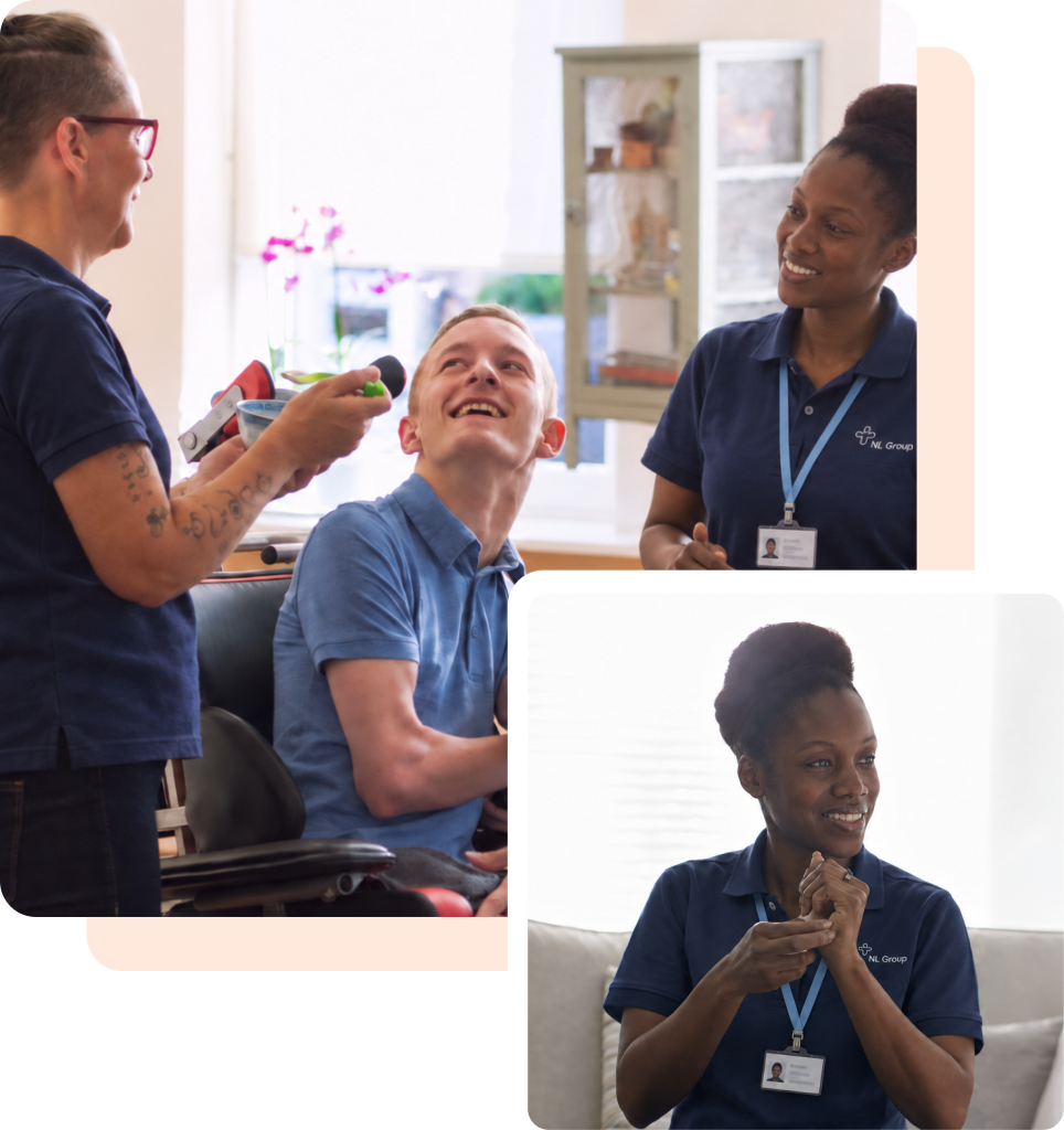 Two caregivers, one holding a toy, interact with a smiling man in a wheelchair; in a second image, one caregiver is clapping and smiling.