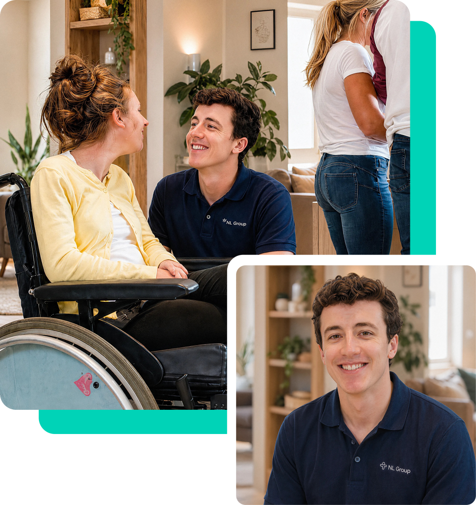 A woman in a wheelchair talks with a smiling man in a navy shirt. Inset shows a close-up of the man, smiling indoors.