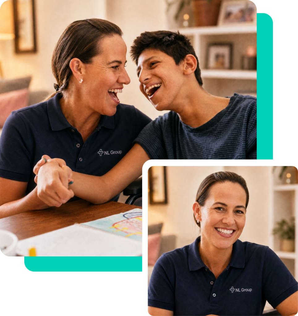 A woman in an NL Group shirt smiles and interacts with a boy, then smiles at the camera in a separate portrait. Both are indoors in a home setting.