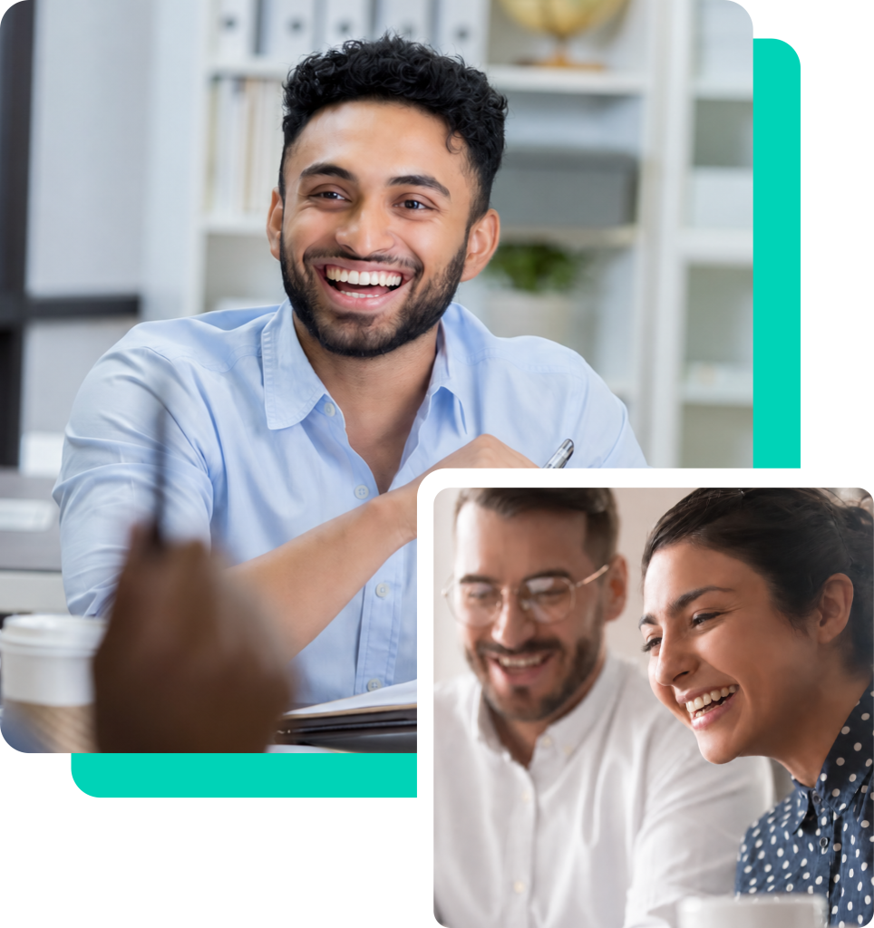 Two images of people at work. The first shows a smiling man at a table. The second shows two people looking at a screen, appearing to collaborate and laugh together.