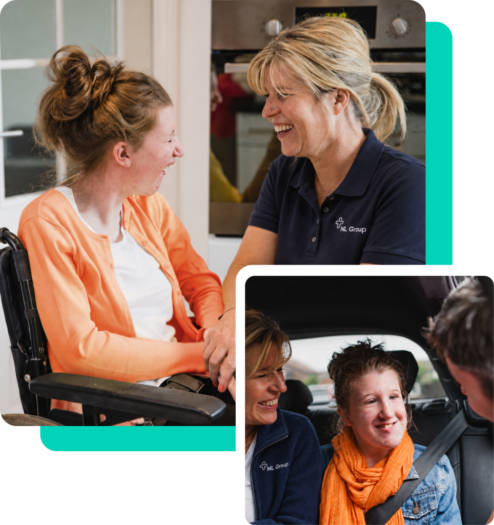 Two women, one in a wheelchair, smile and hold hands indoors. In a second image, they sit in a car, both smiling, with the woman in a wheelchair wearing an orange scarf.