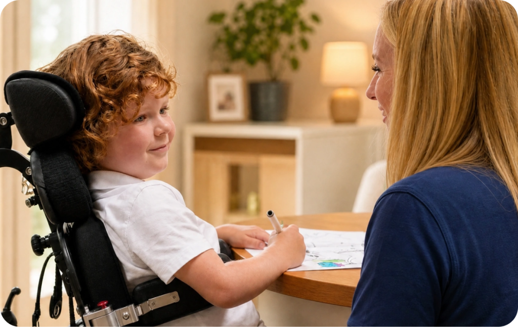 A young child in a wheelchair draws with a marker at a table, smiling at an adult woman who is sitting nearby.