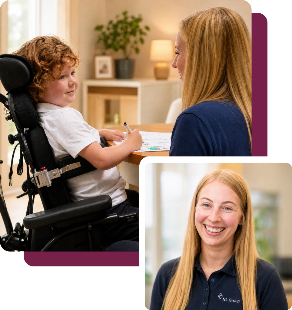 A young boy in a wheelchair draws at a table while a woman in a navy polo shirt sits with him. Below, the same woman smiles for the camera.