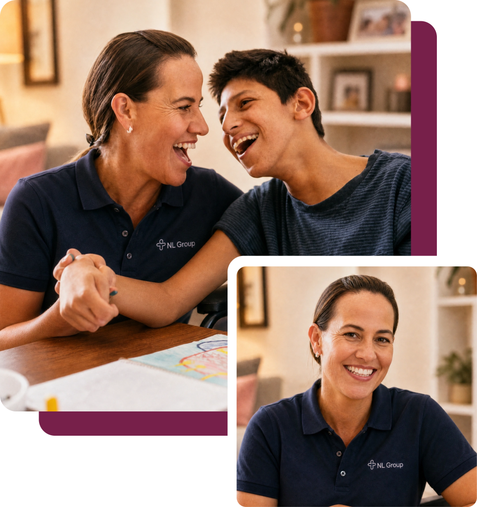 Two photos: One shows a woman smiling and holding hands with a boy, both seated indoors; the other shows the woman alone, smiling at the camera.