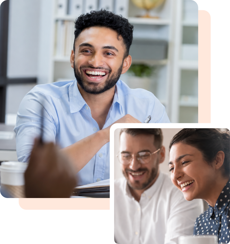 Two photos show people smiling and talking in an office setting, with one man in the larger image and a man and woman in the smaller inset.