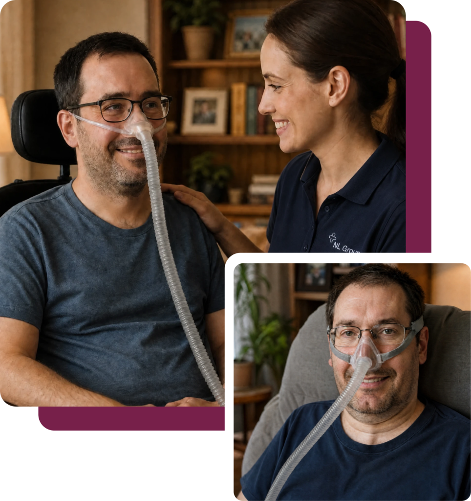 A caregiver smiles at a man in a wheelchair who is wearing a nasal cannula, shown in two photos.