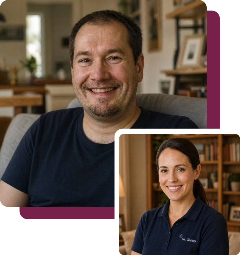 A man in a dark T-shirt and a woman wearing a blue polo shirt with an “NL Group” logo, both smiling.