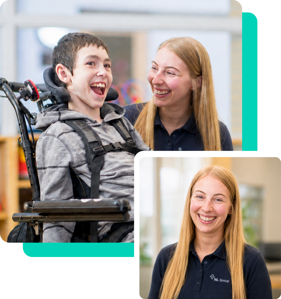 A smiling woman stands behind a laughing boy in a wheelchair; below is a separate portrait of the same smiling woman in a navy blue shirt.