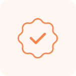 Orange check mark inside a scalloped circle on a light background, symbolizing verification or approval.