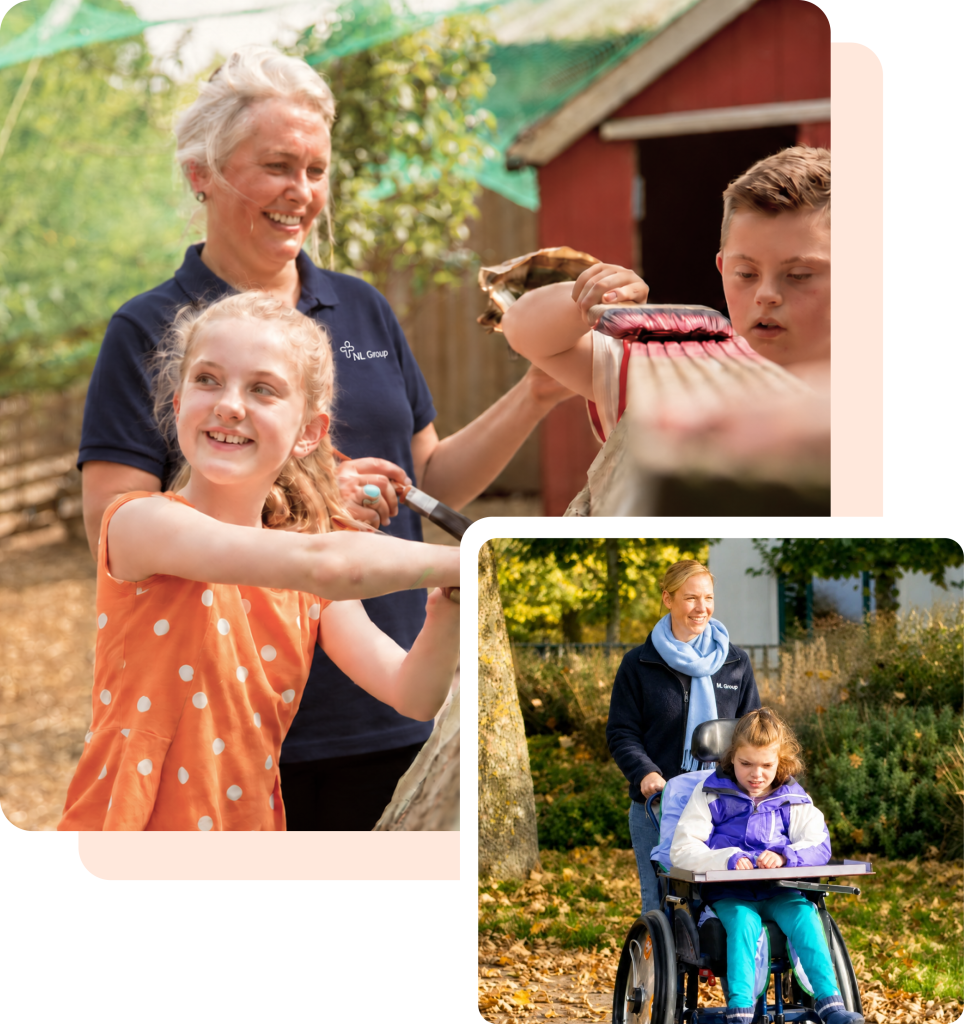Two adults assist two children, one brushing a horse and the other in a wheelchair, in outdoor settings with trees and a barn in the background.