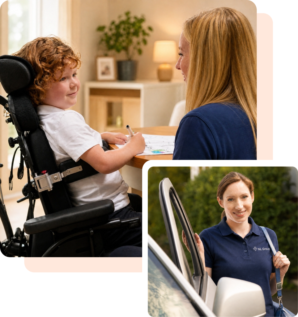 A young boy in a wheelchair draws at a table with a woman, while another woman in a blue shirt stands outside a car, smiling and holding a shoulder bag.