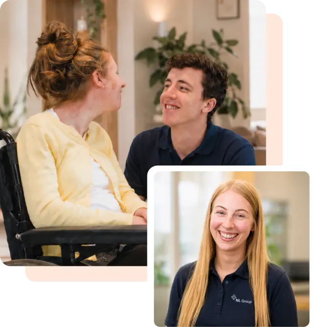 A woman in a wheelchair smiles at a man beside her. Below, a woman with long blonde hair wearing a navy polo shirt smiles at the camera.