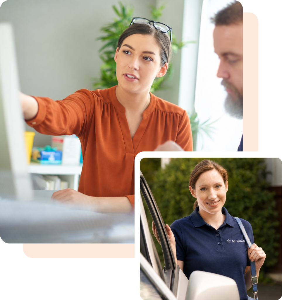 Two people discuss something on a computer screen indoors; in a separate image, a woman in a blue polo shirt stands by a car holding keys and smiling.