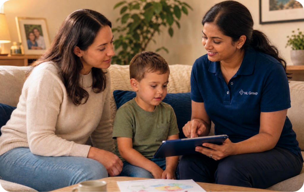 A woman and a young boy sit on a couch while another woman in a blue polo shirt shows them something on a tablet.