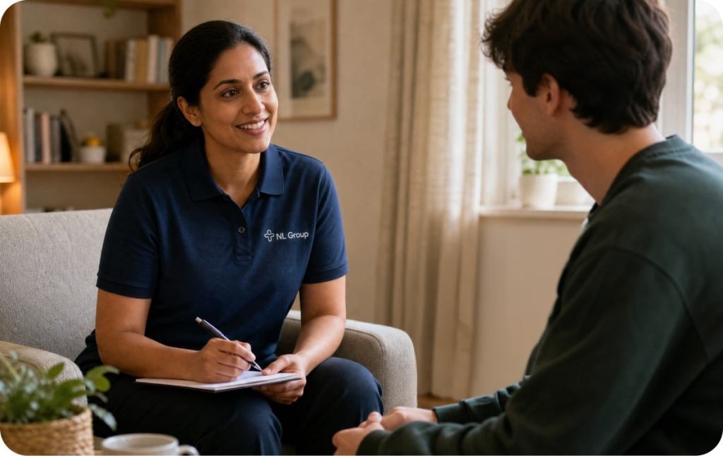 A woman in a navy blue shirt with a notepad talks to a man sitting across from her in a living room.