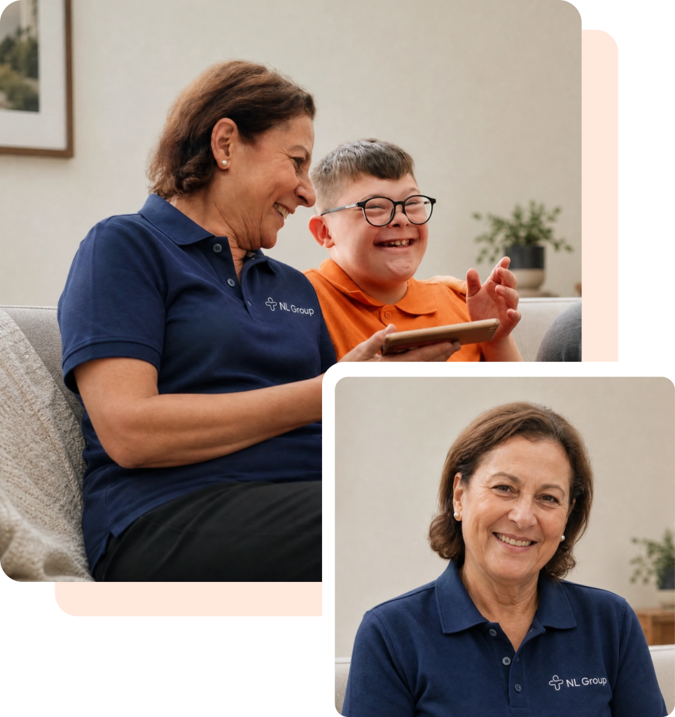 An older woman in a navy polo shirt sits with a smiling boy wearing glasses and an orange shirt; she is also pictured alone, smiling at the camera.