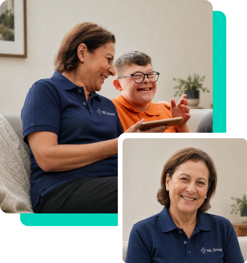 An older woman in a navy polo sits with a smiling boy holding a tablet. Below, she is shown smiling at the camera, both with the NL Group logo on her shirt.