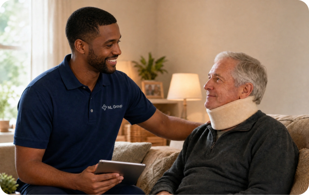 A man in a blue polo shirt holds a tablet and smiles at an older man wearing a neck brace, sitting together in a living room.