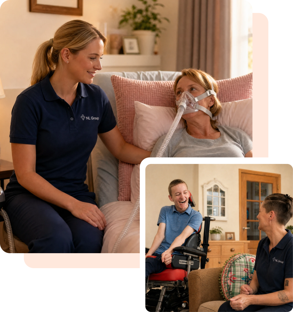 A caregiver in uniform assists a woman using a breathing device, while in another photo, a caregiver chats with a smiling person in a motorized wheelchair.