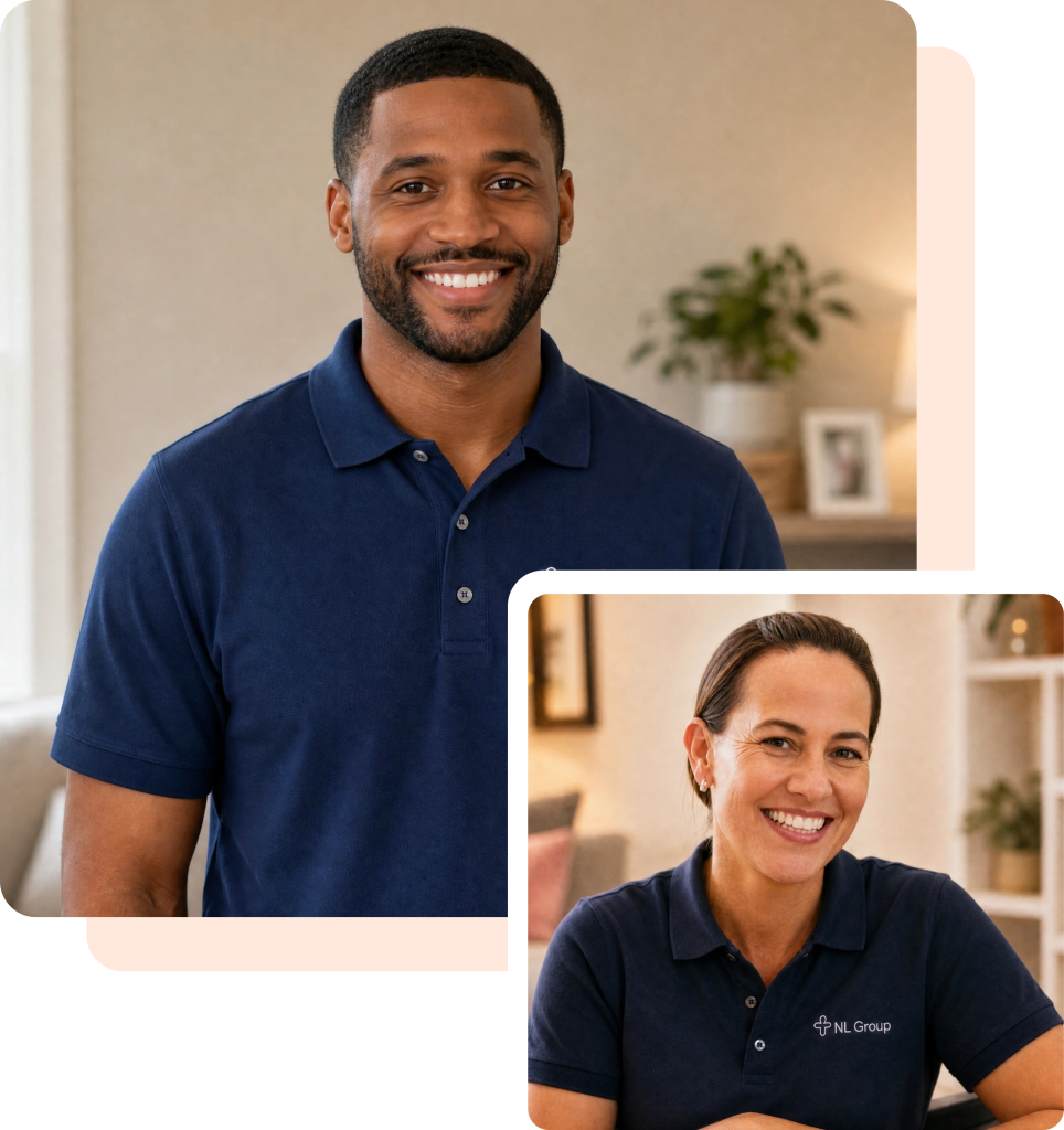 A man and a woman, both wearing navy polo shirts, smile indoors in separate settings with soft, neutral backgrounds.