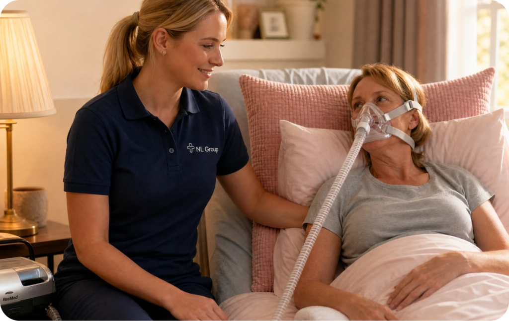 A caregiver in a navy uniform sits beside a woman in bed using an oxygen mask, offering comfort in a home setting.