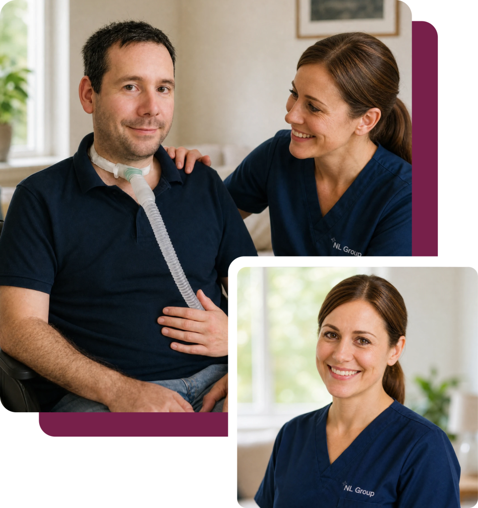 A healthcare provider in blue scrubs with an NL Group logo smiles at a man with a tracheostomy tube; a separate inset shows the provider smiling alone.