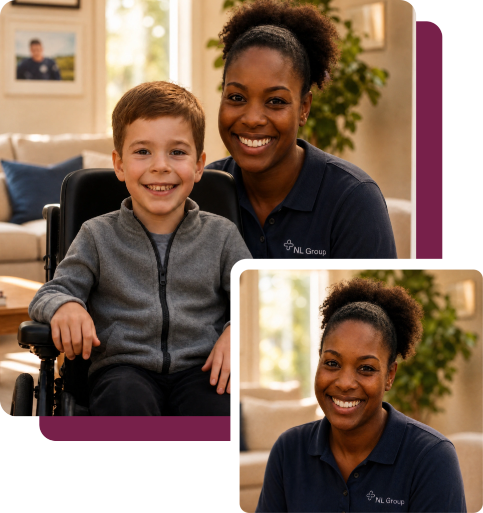 A smiling boy in a wheelchair next to a caregiver wearing an NL Group polo shirt, with a second photo of the same caregiver below.