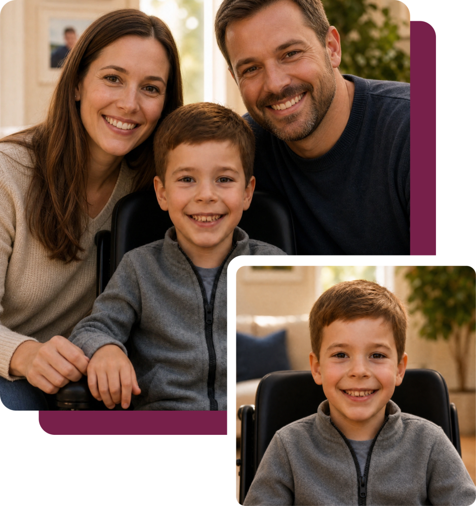 A smiling young boy in a wheelchair with his parents, and a separate portrait of the same boy smiling.