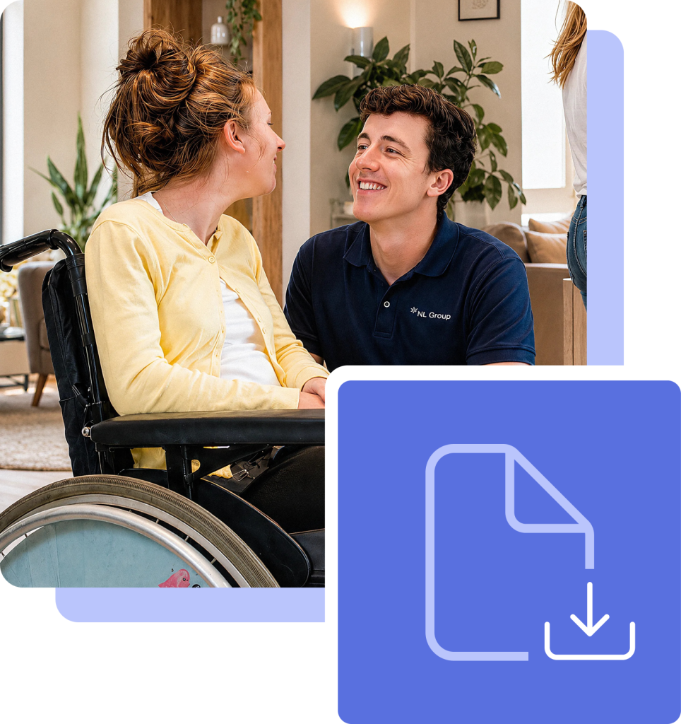 A man in a navy polo shirt smiles at a woman sitting in a wheelchair. In the foreground, a white document download icon is overlaid on a blue square.