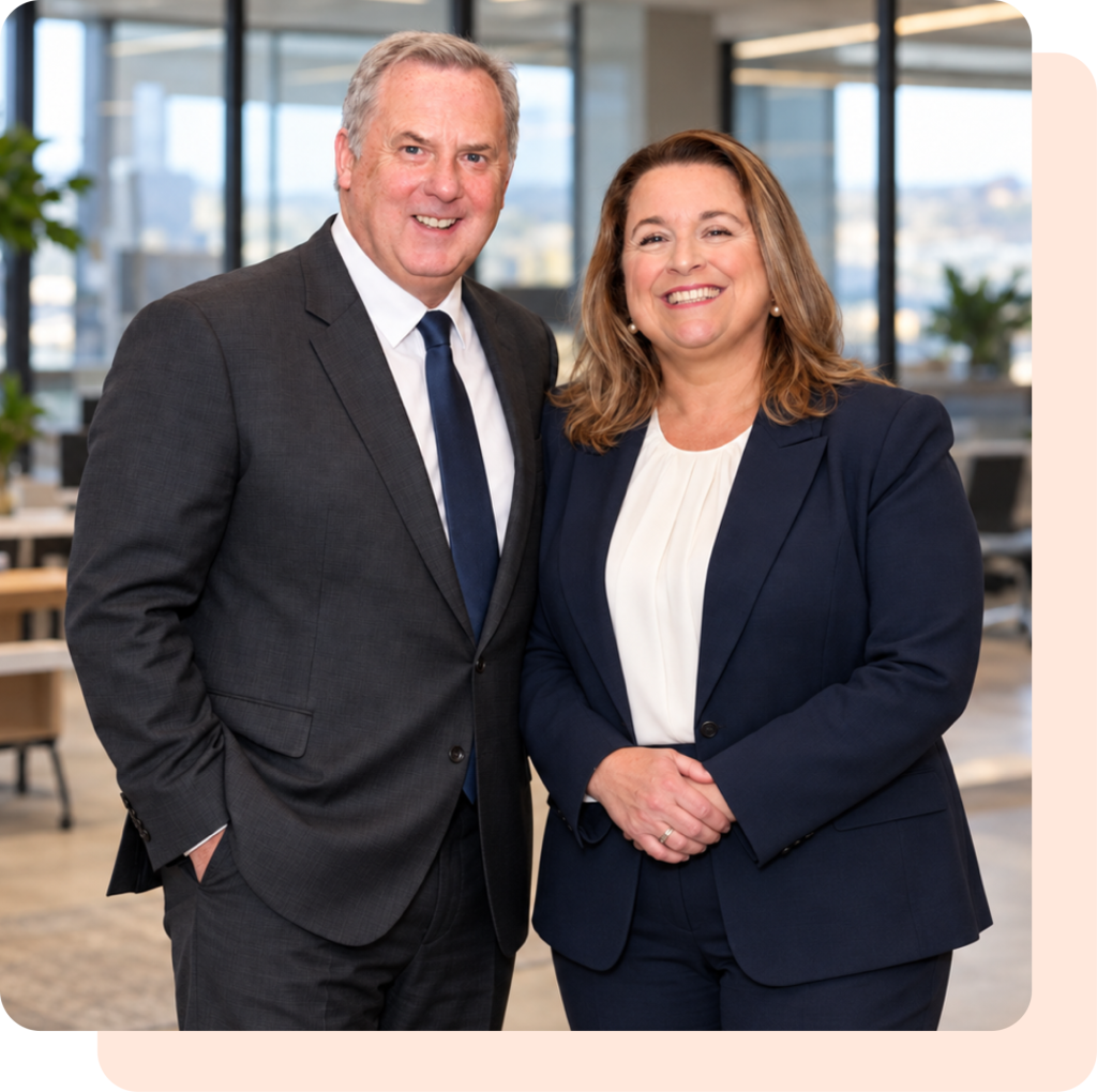 A man and a woman in business attire smiling in an office setting.