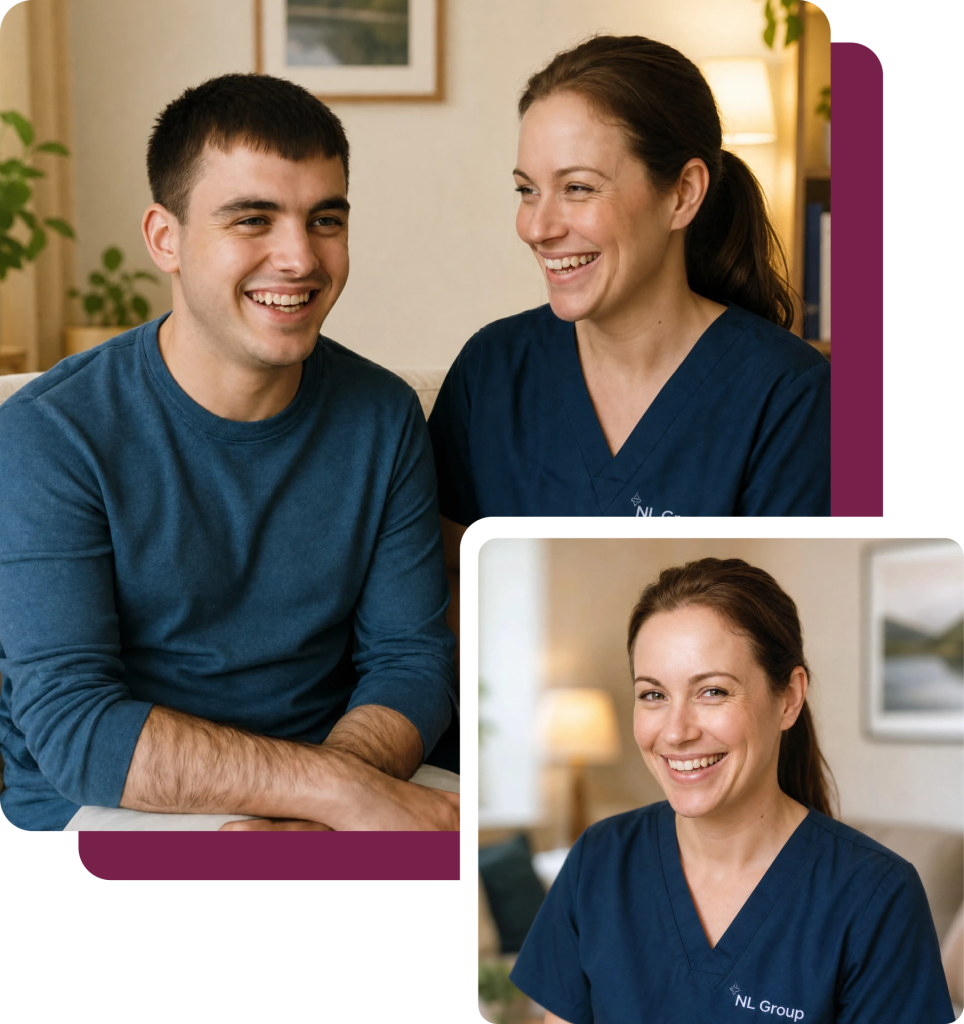 A healthcare professional in a navy blue scrub top laughing with a patient, and a separate portrait of the same healthcare professional smiling.